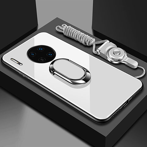 Silikon Schutzhülle Rahmen Tasche Hülle Spiegel mit Magnetisch Fingerring Ständer T01 für Huawei Mate 30 Pro Weiß