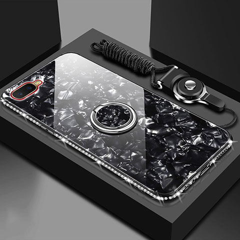 Silikon Schutzhülle Rahmen Tasche Hülle Spiegel mit Magnetisch Fingerring Ständer T01 für Oppo R17 Neo Schwarz