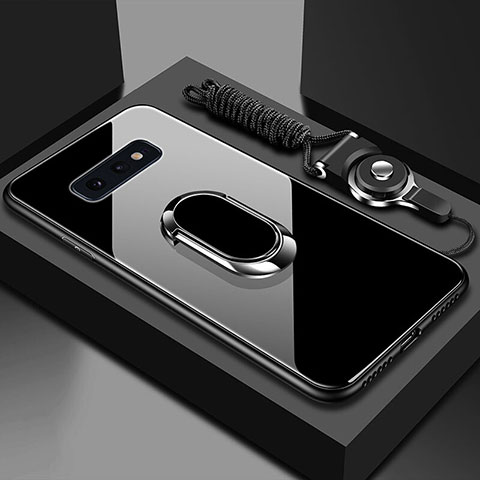 Silikon Schutzhülle Rahmen Tasche Hülle Spiegel mit Magnetisch Fingerring Ständer T02 für Samsung Galaxy S10e Schwarz