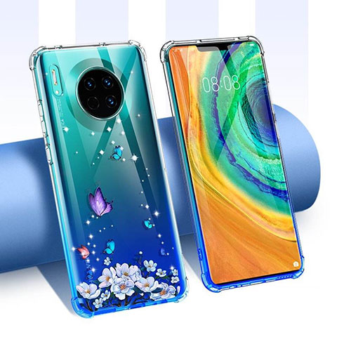 Silikon Schutzhülle Ultra Dünn Tasche Durchsichtig Transparent Blumen für Huawei Mate 30 Pro 5G Blau