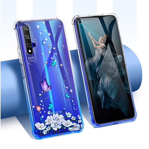 Silikon Schutzhülle Ultra Dünn Tasche Durchsichtig Transparent Blumen für Huawei Nova 5T Blau