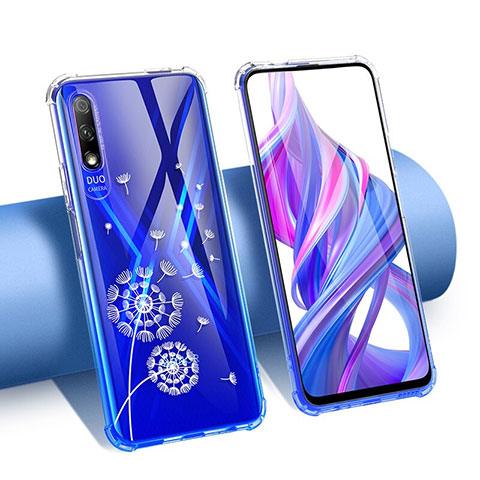 Silikon Schutzhülle Ultra Dünn Tasche Durchsichtig Transparent Blumen T01 für Huawei Honor 9X Blau