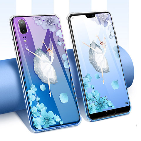 Silikon Schutzhülle Ultra Dünn Tasche Durchsichtig Transparent Blumen T01 für Huawei P20 Blau