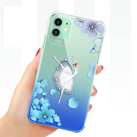 Silikon Schutzhülle Ultra Dünn Tasche Durchsichtig Transparent Blumen T03 für Apple iPhone 11 Blau