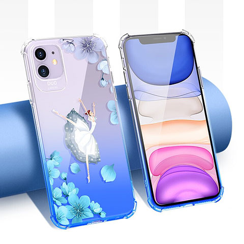Silikon Schutzhülle Ultra Dünn Tasche Durchsichtig Transparent Blumen T04 für Apple iPhone 11 Blau
