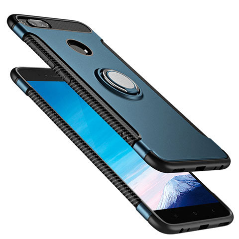 Silikon Schutzhülle und Kunststoff Tasche mit Fingerring Ständer für Xiaomi Mi A1 Blau