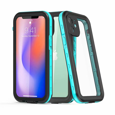 Wasserdicht Unterwasser Silikon Hülle Handyhülle und Kunststoff Waterproof Schutzhülle 360 Grad Ganzkörper Tasche für Apple iPhone 12 Mini Cyan