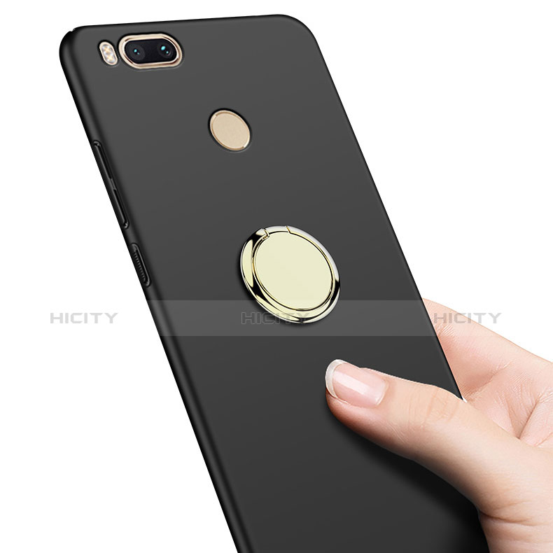 Handyhülle Hülle Kunststoff Schutzhülle Matt mit Fingerring Ständer A02 für Xiaomi Mi A1 Schwarz groß