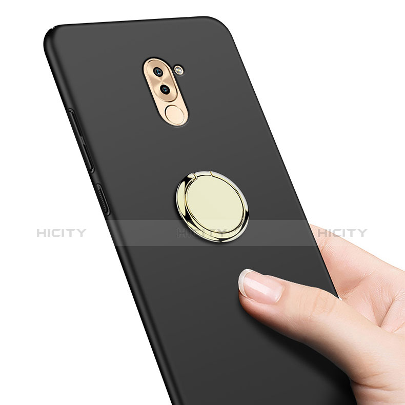 Handyhülle Hülle Kunststoff Schutzhülle Matt mit Fingerring Ständer A05 für Huawei Honor 6X Schwarz groß