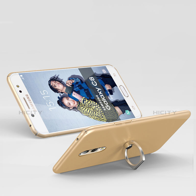 Handyhülle Hülle Kunststoff Schutzhülle Matt mit Fingerring Ständer für Samsung Galaxy J7 Plus Gold groß