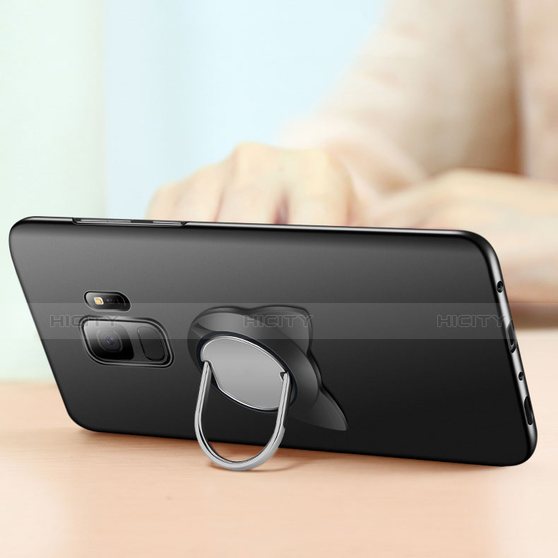 Handyhülle Hülle Kunststoff Schutzhülle Matt mit Fingerring Ständer für Samsung Galaxy S9 Schwarz