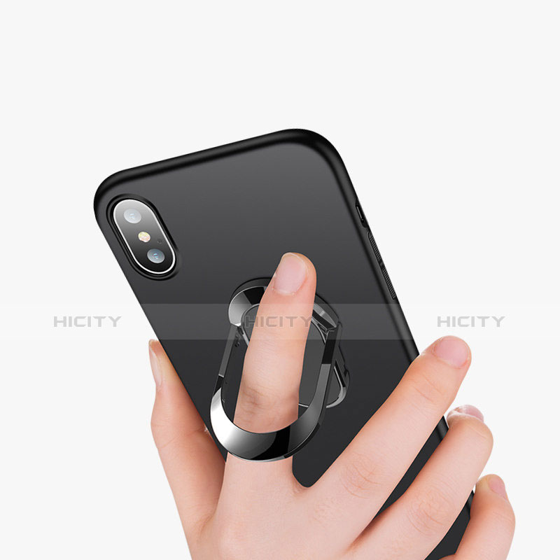 Handyhülle Hülle Kunststoff Schutzhülle Matt mit Fingerring Ständer T01 für Apple iPhone Xs Max Schwarz groß