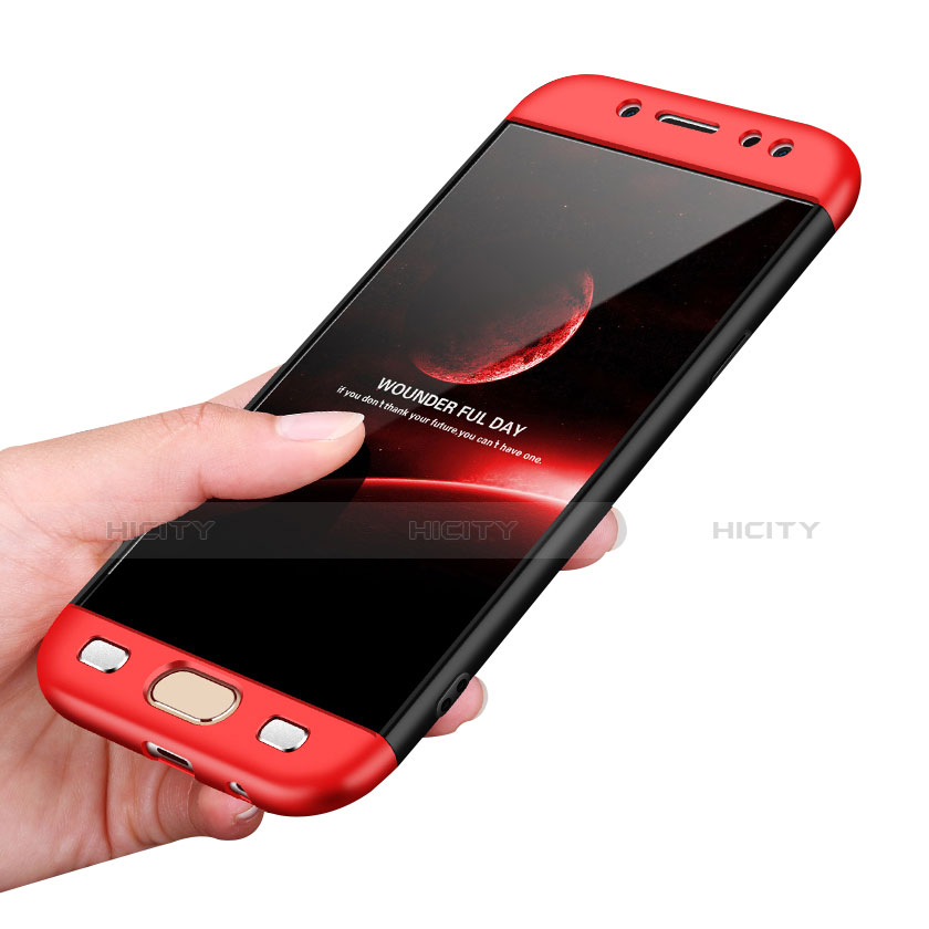 Handyhülle Hülle Kunststoff Schutzhülle Matt Vorder und Rückseite 360 Grad für Samsung Galaxy J7 Pro Rot und Schwarz