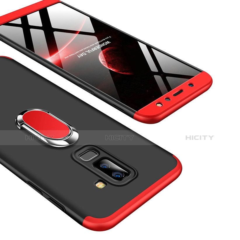 Handyhülle Hülle Kunststoff Schutzhülle Matt Vorder und Rückseite 360 Grad mit Fingerring Ständer Q01 für Samsung Galaxy A6 Plus (2018) Rot und Schwarz Plus