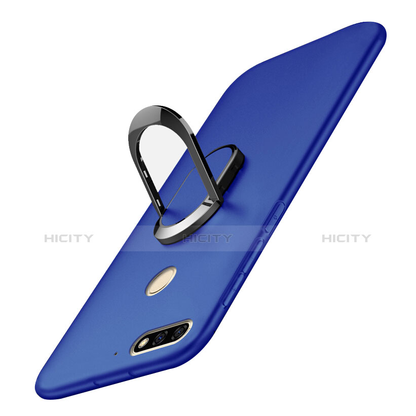 Handyhülle Hülle Kunststoff Schutzhülle Tasche Matt mit Fingerring Ständer A01 für Huawei Y7 (2018) Blau