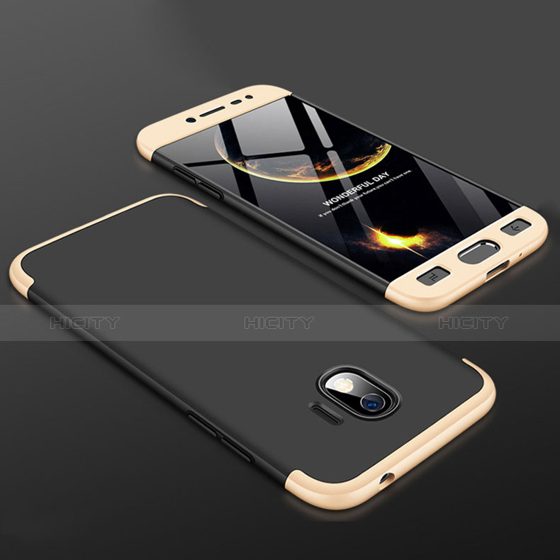 Handyhülle Hülle Kunststoff Schutzhülle Tasche Matt Vorder und Rückseite 360 Grad für Samsung Galaxy J2 Pro (2018) J250F Gold und Schwarz Plus