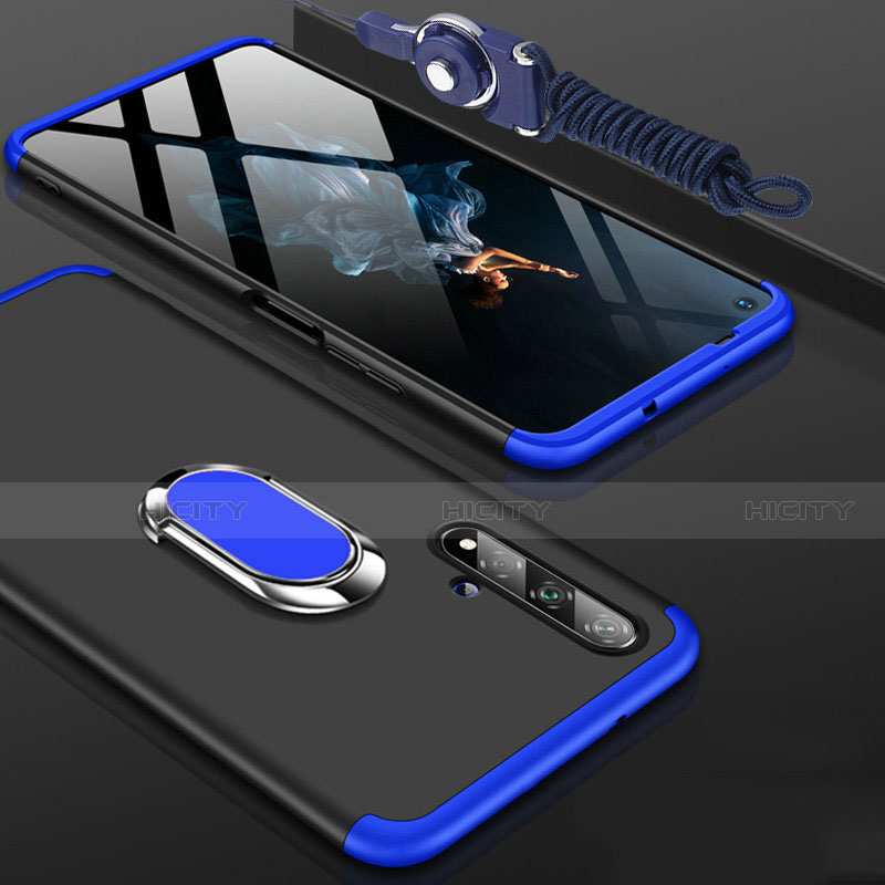 Handyhülle Hülle Kunststoff Schutzhülle Tasche Matt Vorder und Rückseite 360 Grad mit Fingerring Ständer für Huawei Honor 20 Blau und Schwarz