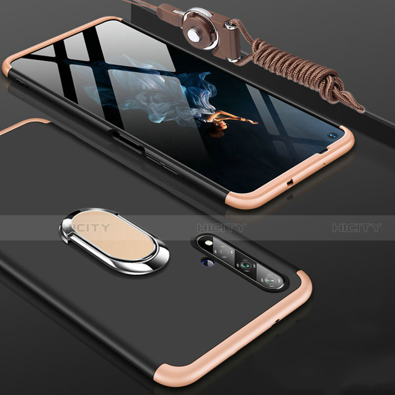 Handyhülle Hülle Kunststoff Schutzhülle Tasche Matt Vorder und Rückseite 360 Grad mit Fingerring Ständer für Huawei Honor 20 Gold und Schwarz Plus