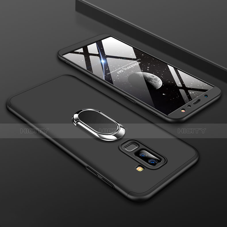 Handyhülle Hülle Kunststoff Schutzhülle Tasche Matt Vorder und Rückseite 360 Grad mit Fingerring Ständer für Samsung Galaxy A9 Star Lite Schwarz Plus