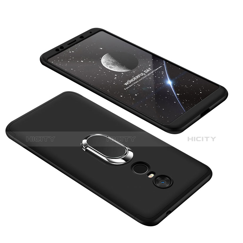 Handyhülle Hülle Kunststoff Schutzhülle Tasche Matt Vorder und Rückseite 360 Grad mit Fingerring Ständer für Xiaomi Redmi 5 Plus Schwarz Plus