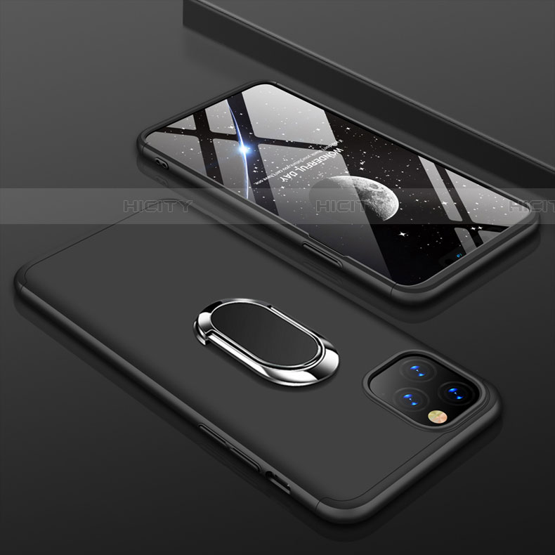 Handyhülle Hülle Kunststoff Schutzhülle Tasche Matt Vorder und Rückseite 360 Grad mit Fingerring Ständer R01 für Apple iPhone 11 Pro Max Schwarz Plus