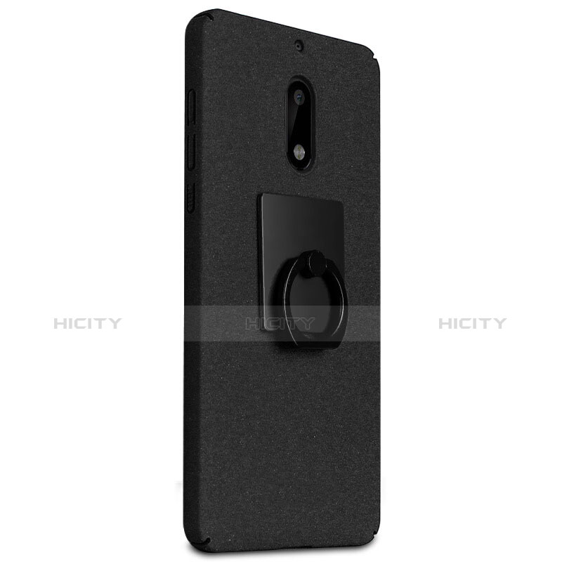 Handyhülle Hülle Kunststoff Schutzhülle Treibsand mit Fingerring Ständer für Nokia 6 Schwarz groß