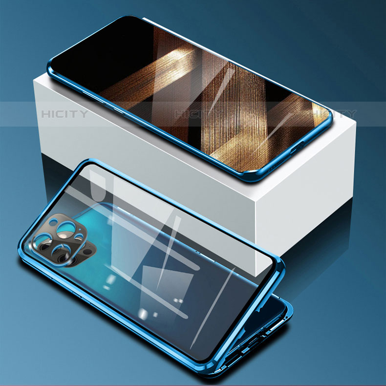 Handyhülle Hülle Luxus Aluminium Metall Rahmen Spiegel 360 Grad Ganzkörper Tasche für Apple iPhone 15 Pro Blau