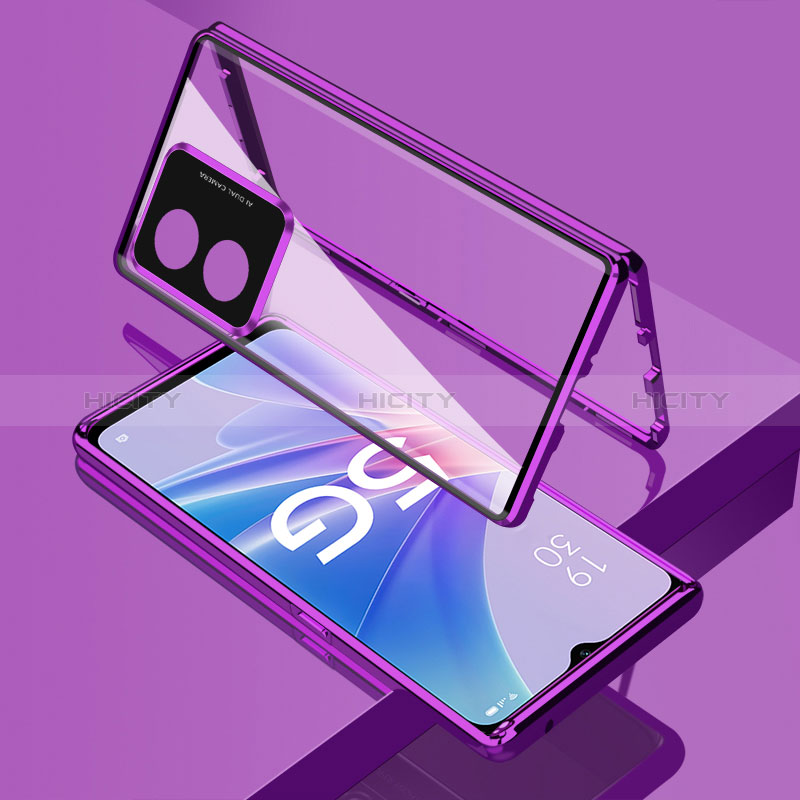 Handyhülle Hülle Luxus Aluminium Metall Rahmen Spiegel 360 Grad Ganzkörper Tasche für Oppo A58 5G Violett