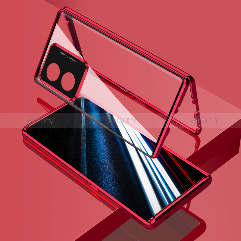 Handyhülle Hülle Luxus Aluminium Metall Rahmen Spiegel 360 Grad Ganzkörper Tasche für Oppo A78 4G Rot