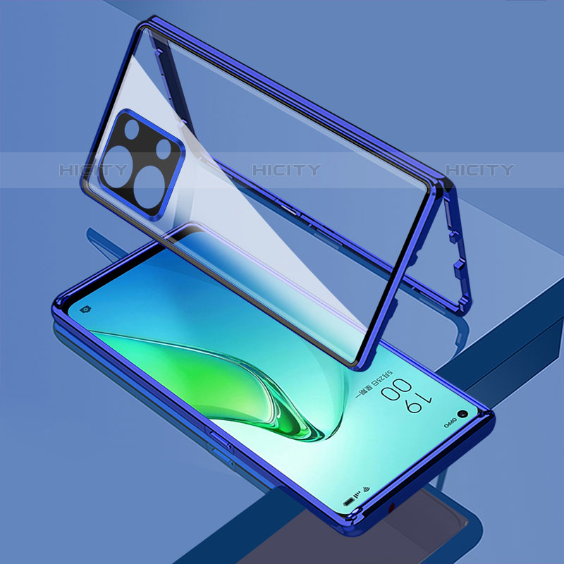 Handyhülle Hülle Luxus Aluminium Metall Rahmen Spiegel 360 Grad Ganzkörper Tasche für Oppo Reno8 Pro 5G Blau