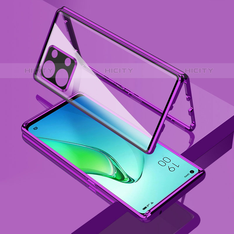Handyhülle Hülle Luxus Aluminium Metall Rahmen Spiegel 360 Grad Ganzkörper Tasche für Oppo Reno8 Pro+ Plus 5G Violett