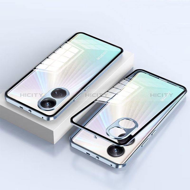 Handyhülle Hülle Luxus Aluminium Metall Rahmen Spiegel 360 Grad Ganzkörper Tasche für Realme 10 Pro+ Plus 5G Blau