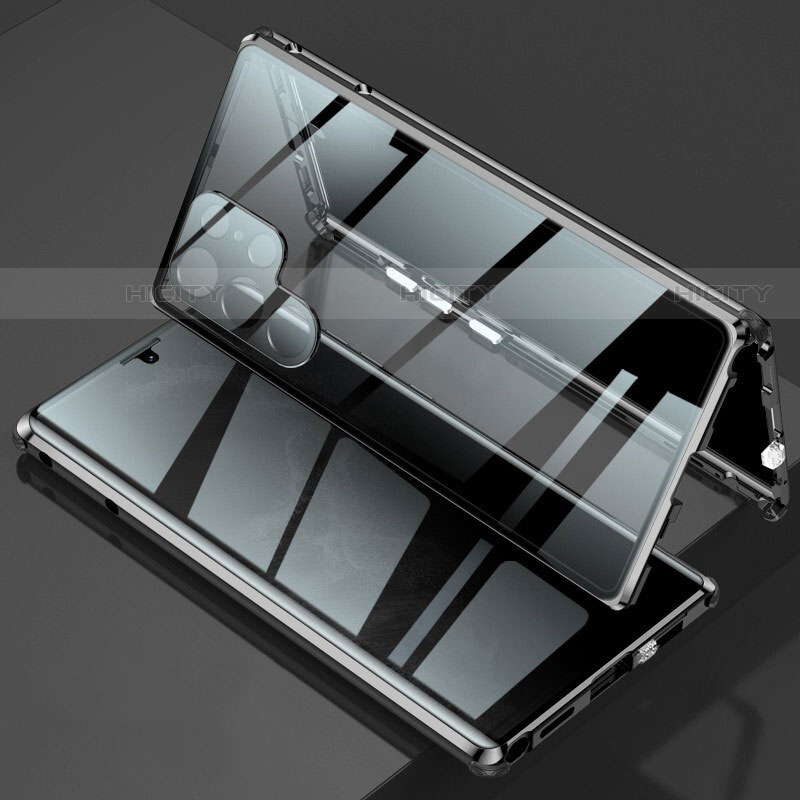 Handyhülle Hülle Luxus Aluminium Metall Rahmen Spiegel 360 Grad Ganzkörper Tasche für Samsung Galaxy S23 Ultra 5G Schwarz