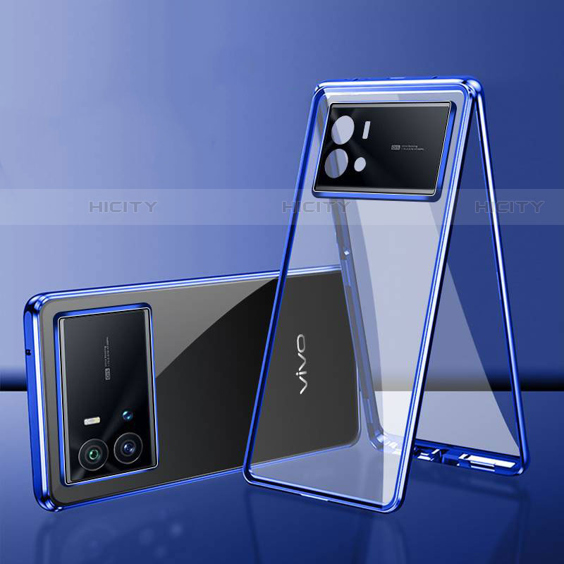 Handyhülle Hülle Luxus Aluminium Metall Rahmen Spiegel 360 Grad Ganzkörper Tasche für Vivo iQOO 9 Pro 5G Blau