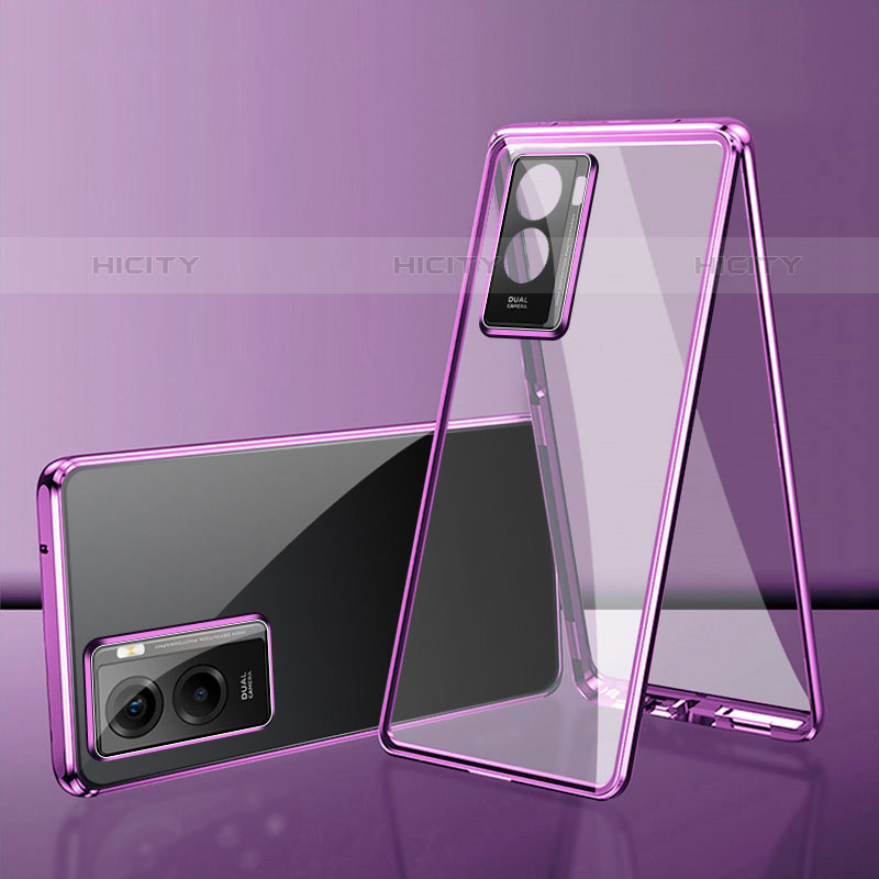 Handyhülle Hülle Luxus Aluminium Metall Rahmen Spiegel 360 Grad Ganzkörper Tasche für Vivo iQOO Z7 5G Violett