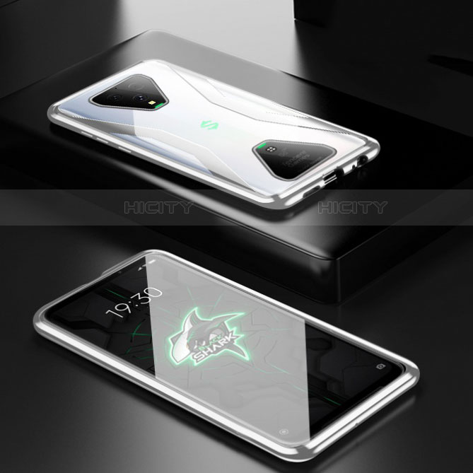 Handyhülle Hülle Luxus Aluminium Metall Rahmen Spiegel 360 Grad Ganzkörper Tasche für Xiaomi Black Shark 3 Silber Plus