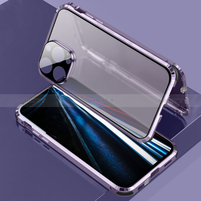 Handyhülle Hülle Luxus Aluminium Metall Rahmen Spiegel 360 Grad Ganzkörper Tasche LK3 für Apple iPhone 13 Pro Violett