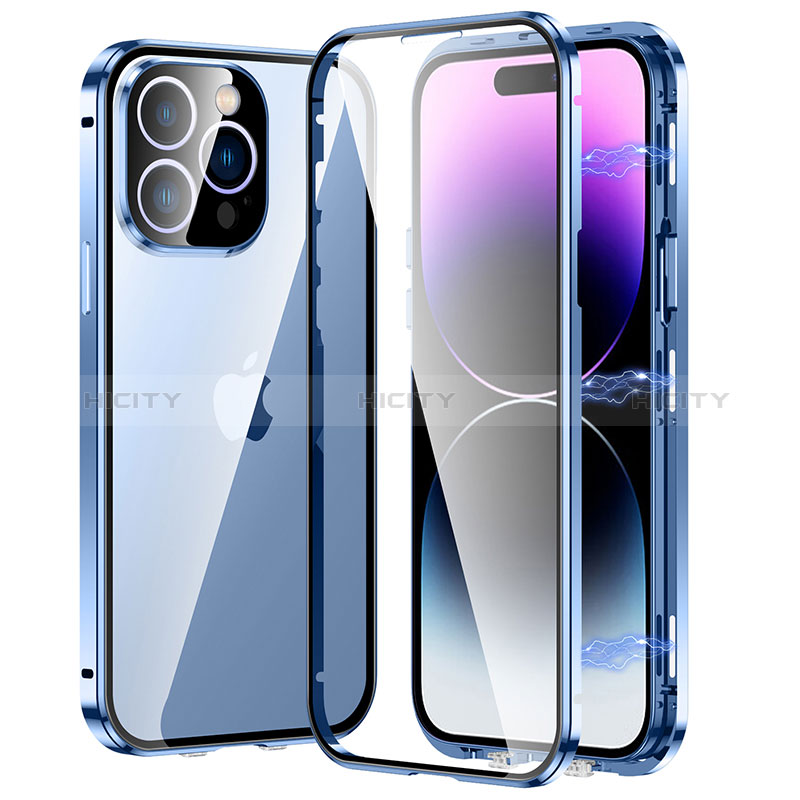 Handyhülle Hülle Luxus Aluminium Metall Rahmen Spiegel 360 Grad Ganzkörper Tasche LO1 für Apple iPhone 14 Pro Blau Plus