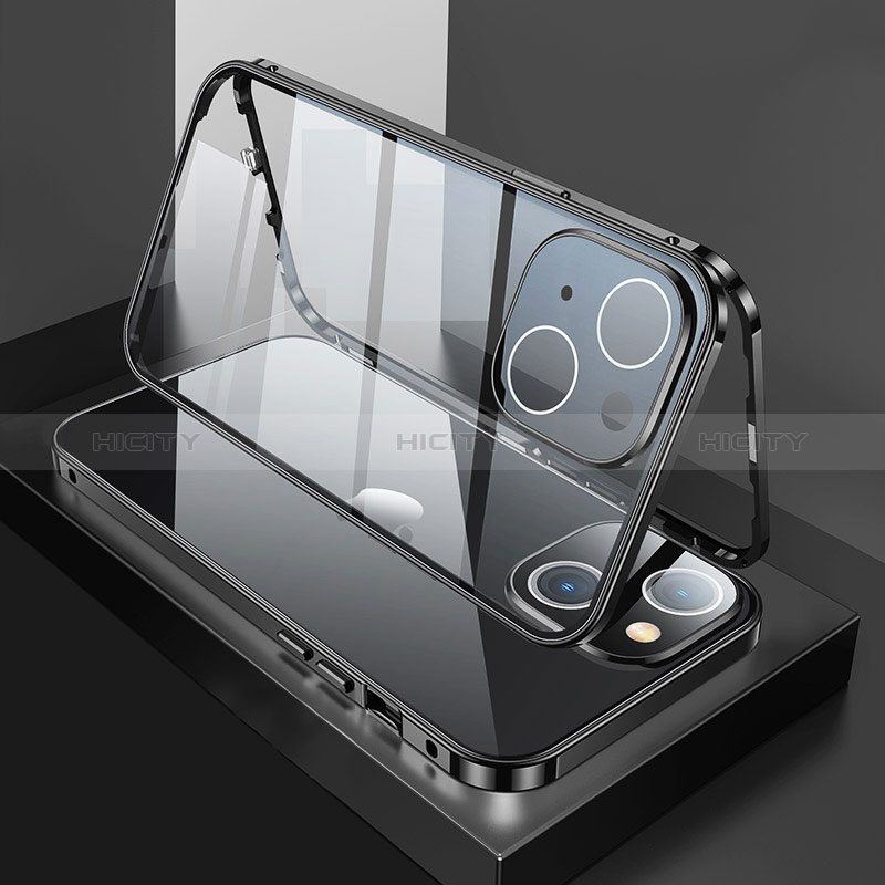 Handyhülle Hülle Luxus Aluminium Metall Rahmen Spiegel 360 Grad Ganzkörper  Tasche M01 für Apple iPhone 15 Plus Schwarz