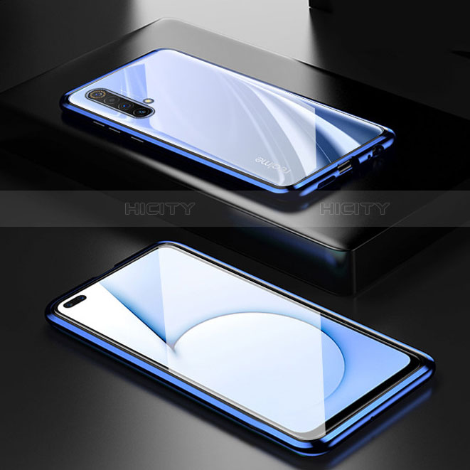 Handyhülle Hülle Luxus Aluminium Metall Rahmen Spiegel 360 Grad Ganzkörper Tasche M01 für Realme X3 SuperZoom Blau Plus