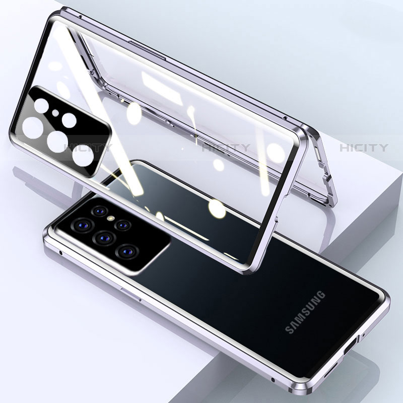 Handyhülle Hülle Luxus Aluminium Metall Rahmen Spiegel 360 Grad Ganzkörper Tasche M01 für Samsung Galaxy S21 Ultra 5G Silber