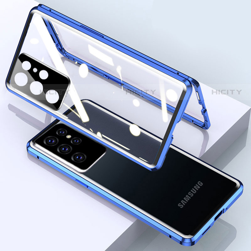 Handyhülle Hülle Luxus Aluminium Metall Rahmen Spiegel 360 Grad Ganzkörper Tasche M01 für Samsung Galaxy S22 Ultra 5G Blau