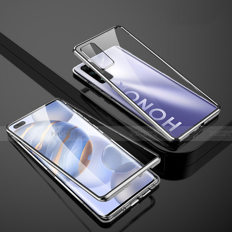 Handyhülle Hülle Luxus Aluminium Metall Rahmen Spiegel 360 Grad Ganzkörper Tasche M02 für Huawei Honor 30 Pro Silber