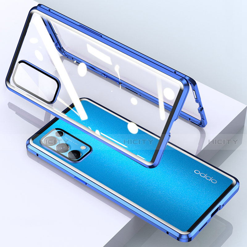 Handyhülle Hülle Luxus Aluminium Metall Rahmen Spiegel 360 Grad Ganzkörper Tasche M02 für Oppo Reno5 Pro 5G Blau Plus
