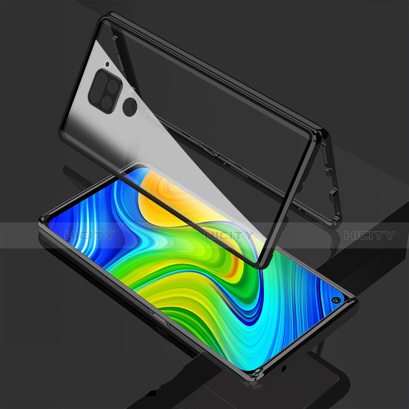 Handyhülle Hülle Luxus Aluminium Metall Rahmen Spiegel 360 Grad Ganzkörper Tasche M02 für Xiaomi Redmi Note 9 Schwarz