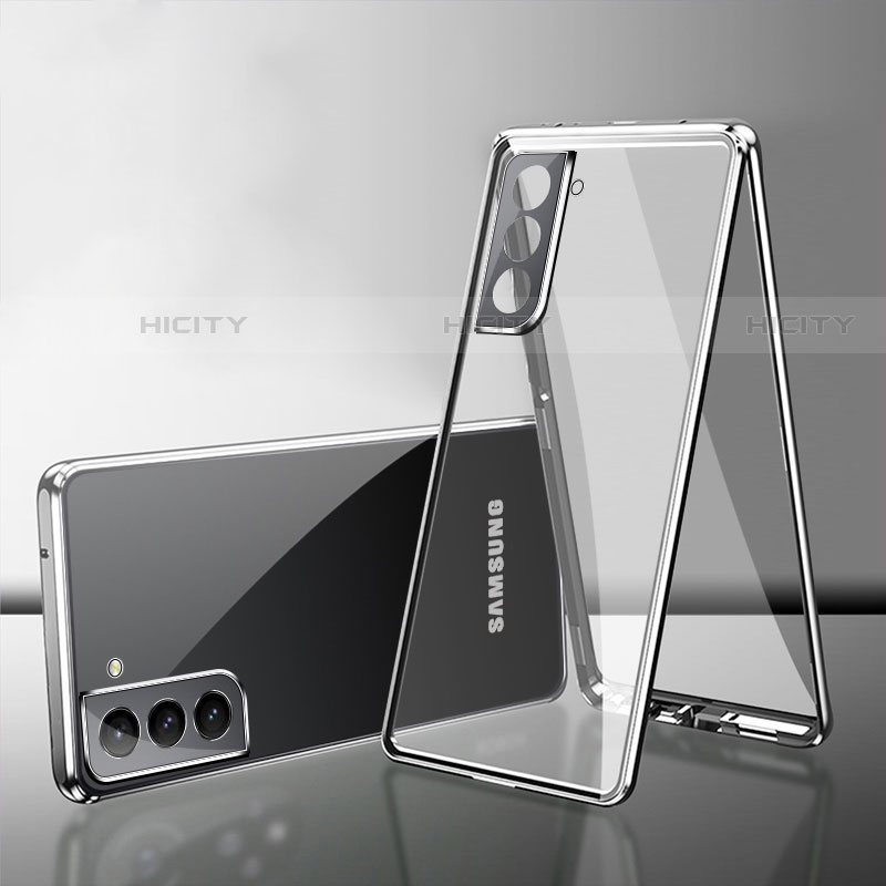 Handyhülle Hülle Luxus Aluminium Metall Rahmen Spiegel 360 Grad Ganzkörper Tasche M03 für Samsung Galaxy S21 FE 5G Silber