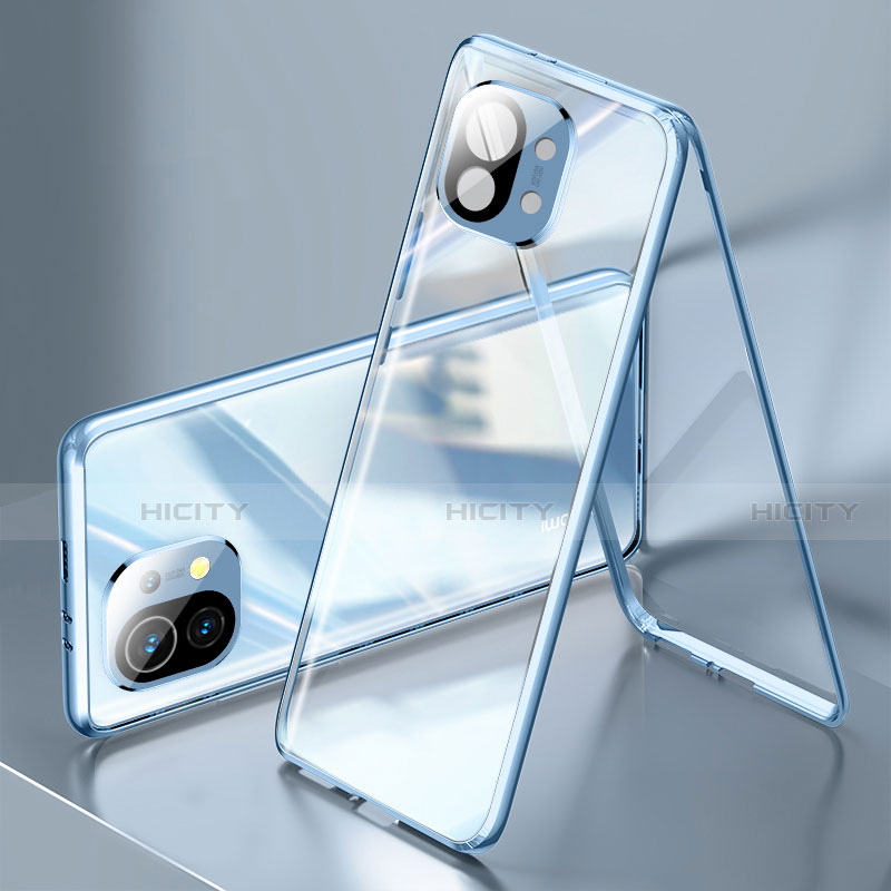 Handyhülle Hülle Luxus Aluminium Metall Rahmen Spiegel 360 Grad Ganzkörper Tasche M03 für Xiaomi Mi 11 5G Blau