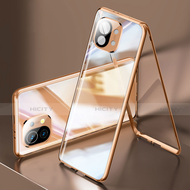 Handyhülle Hülle Luxus Aluminium Metall Rahmen Spiegel 360 Grad Ganzkörper Tasche M03 für Xiaomi Mi 11 5G Gold
