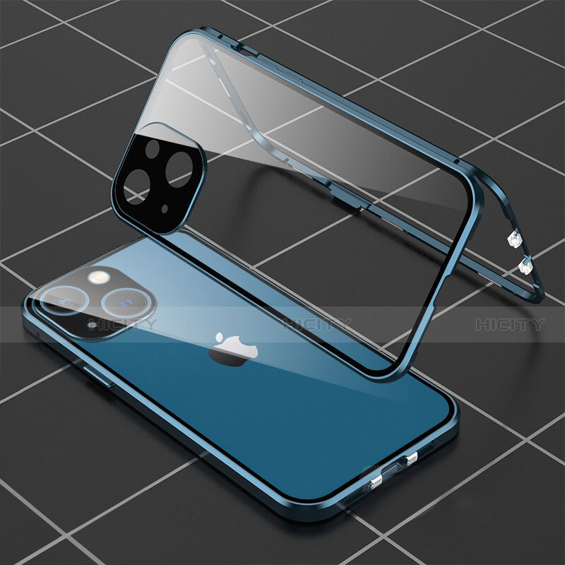 Handyhülle Hülle Luxus Aluminium Metall Rahmen Spiegel 360 Grad Ganzkörper Tasche M04 für Apple iPhone 14 Blau