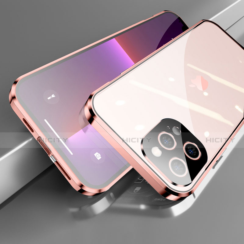 Handyhülle Hülle Luxus Aluminium Metall Rahmen Spiegel 360 Grad Ganzkörper Tasche M05 für Apple iPhone 13 Pro Max Rosegold